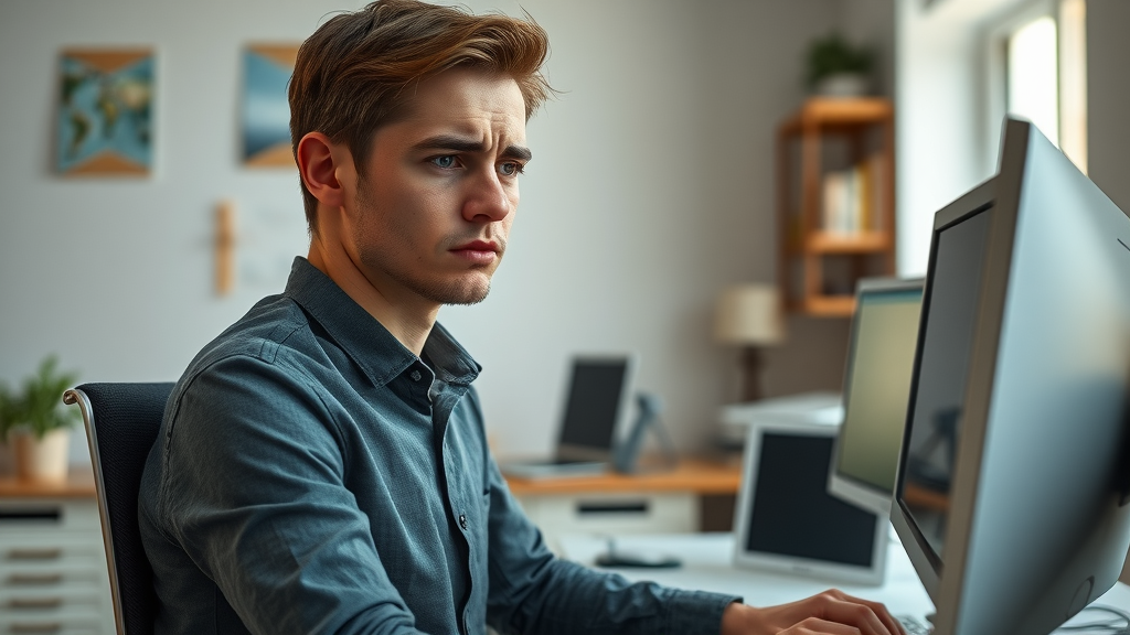 Concerned young adult with neck discomfort practicing poor posture at a computer desk in Gig Harbor