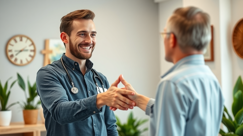 Welcoming professional chiropractor greeting a new patient at Fox Chiropractic Wellness Center in Gig Harbor