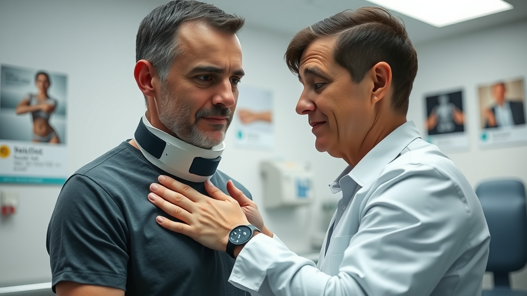 Empathetic neck pain chiropractor in Gig Harbor examining a patient with a neck brace after a car accident