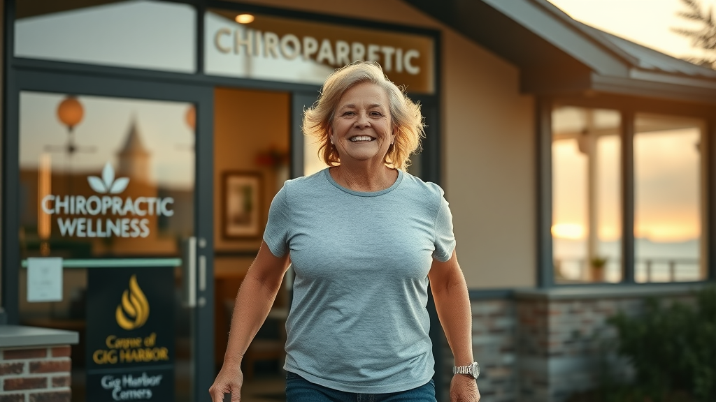 Inspired patient walks out of a chiropractic wellness center in Gig Harbor, relieved and confident after successful neck pain treatment