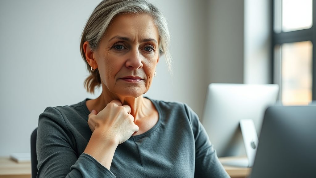 Neck pain chiropractor Gig Harbor - concerned middle-aged woman massaging her stiff neck in a modern Gig Harbor office setting