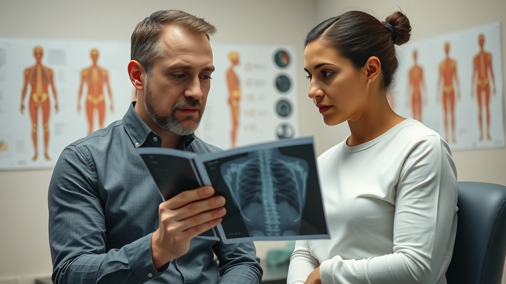 Chiropractor consulting with patient on posture x-ray, engaged, neck pain chiropractor gig harbor clinic