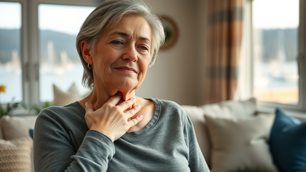 Middle-aged woman with neck pain considering neck pain chiropractor gig harbor, Gig Harbor scenery through window, cozy living room