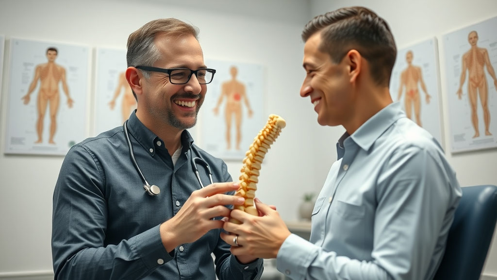 Professional chiropractor in Gig Harbor diagnosing neck pain with spine model, modern exam room setting