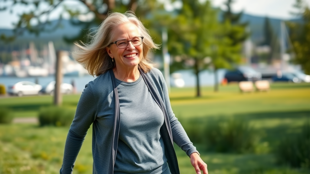Happy patient enjoying healthy posture after visiting neck pain chiropractor Gig Harbor, outdoors in park setting