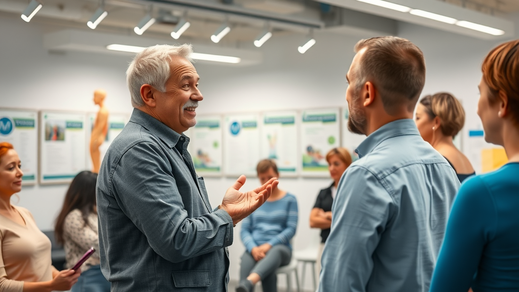 Knowledgeable chiropractor leading health and wellness workshop in Gig Harbor, demonstrating neck exercises in a wellness center