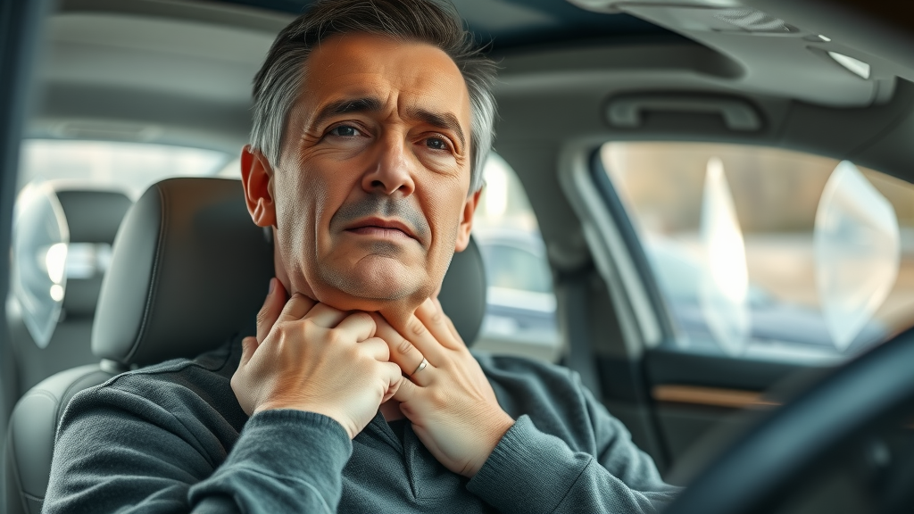 adult massaging neck after auto accident, neck pain chiropractor gig harbor, inside modern car with airbags deployed