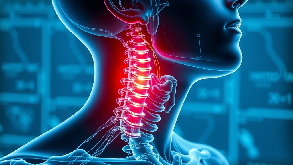 anatomical illustration of human neck pain points, neck pain chiropractor gig harbor, glowing nerves and vertebrae highlighted in clinical blue