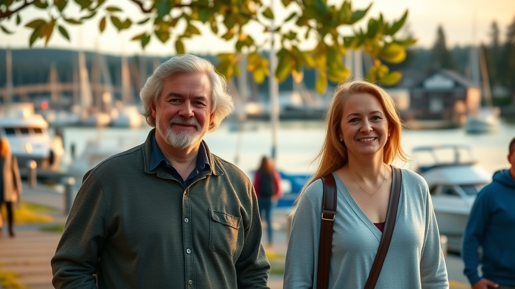 serene Gig Harbor scenery, waterfront chiropractic clinic, people walking, neck pain chiropractor gig harbor