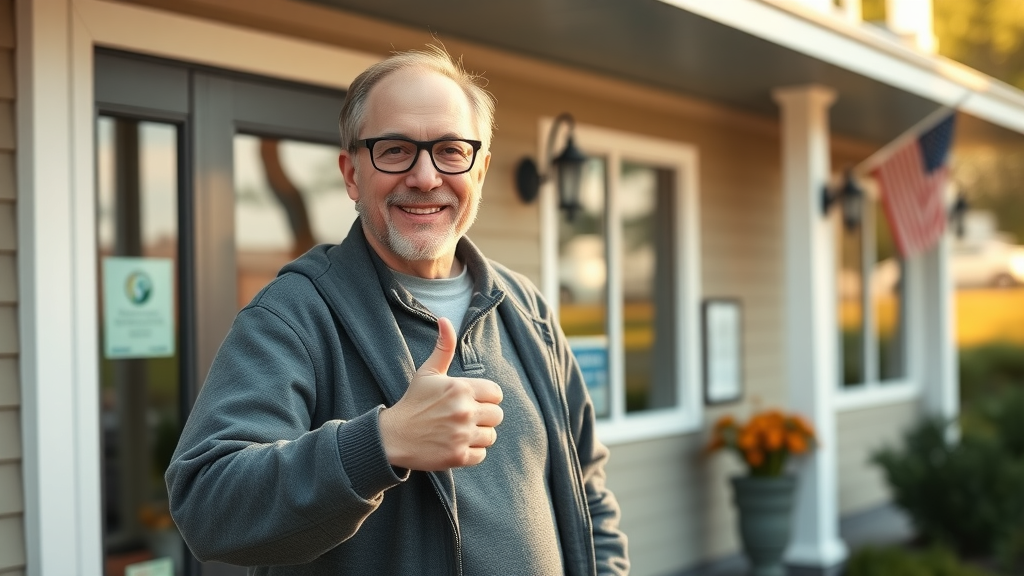 smiling patient after neck pain chiropractor gig harbor treatment, leaving clinic, giving thumbs up