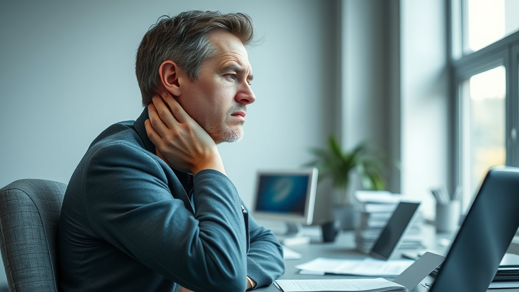 Anxious professional with neck pain at a modern office in Gig Harbor WA, depicting stress-induced neck pain