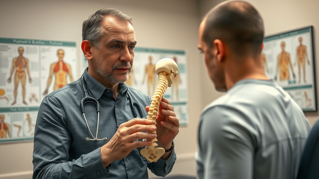 Chiropractor in Gig Harbor demonstrating good posture with a spine model to prevent neck pain