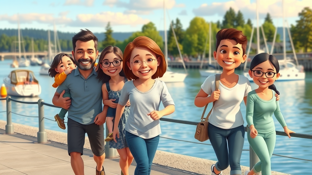 Healthy family walking along the Gig Harbor waterfront, symbolizing long-term health and wellness after chiropractic care for neck pain