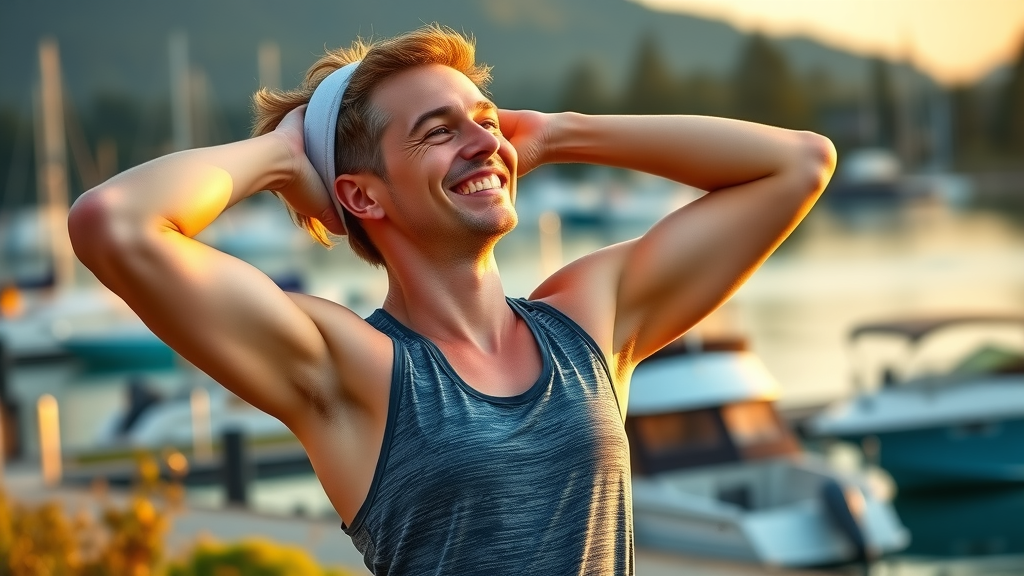 Happy athlete stretching neck in Gig Harbor after visiting neck pain chiropractor
