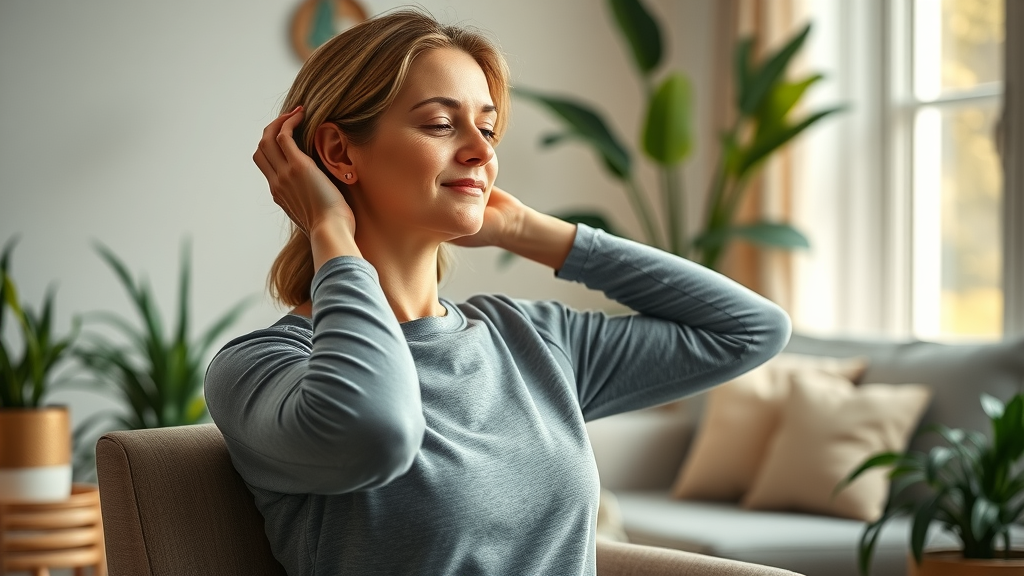 Woman performing neck stretches at home, following chiropractor tips from Gig Harbor for neck pain relief.