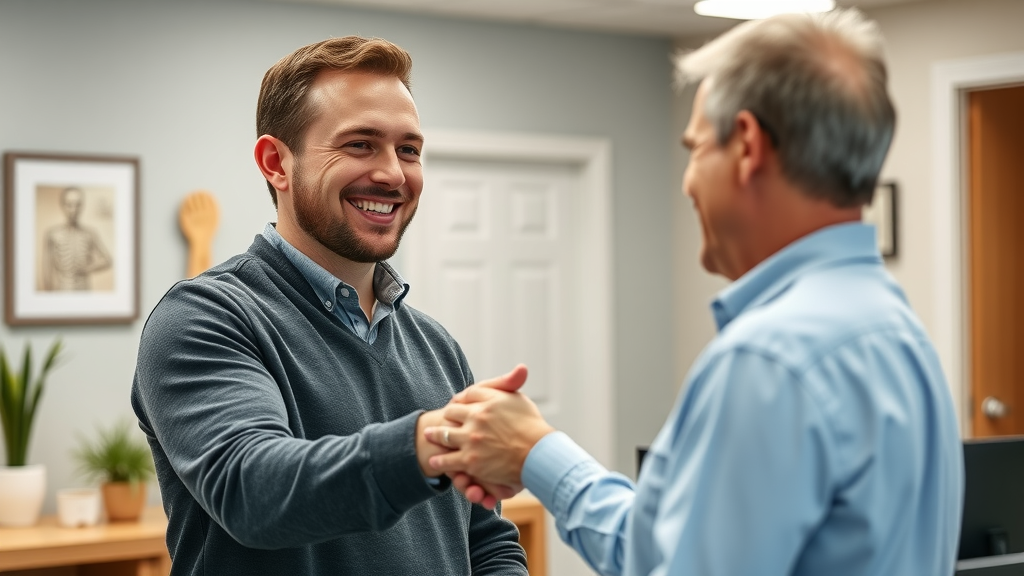 Satisfied patient shaking hands with a confident chiropractor in Gig Harbor after successful neck pain relief.