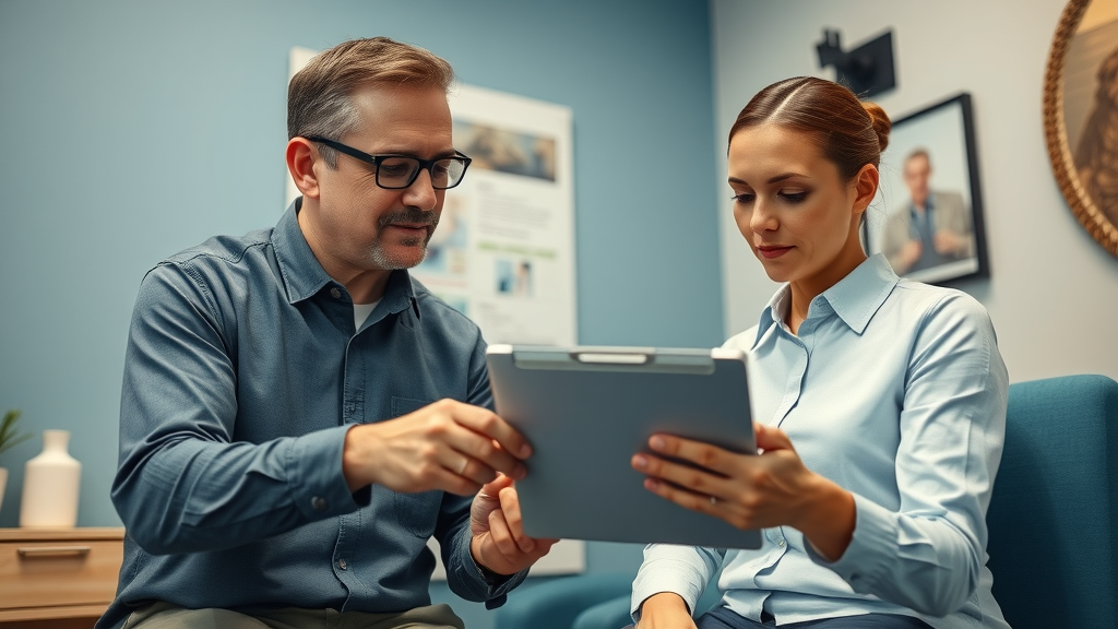 Chiropractor discussing neck pain treatment options with a patient in a Gig Harbor clinic.