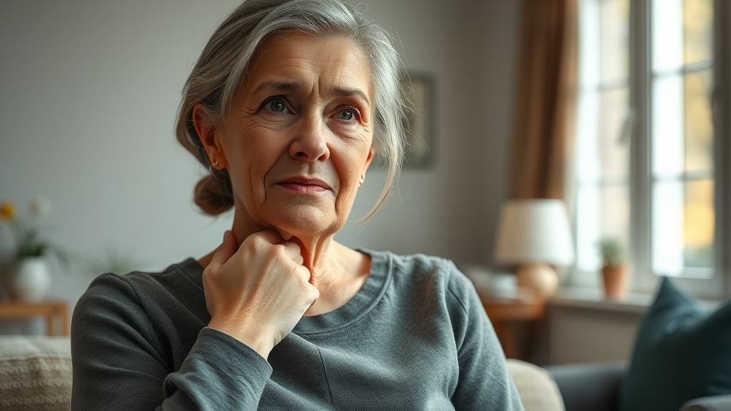 neck pain chiropractor gig harbor: Woman with neck pain at home, gentle touch and natural posture