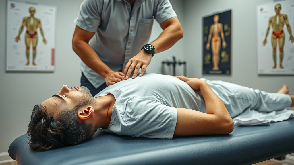 neck pain chiropractor gig harbor: Chiropractor performing gentle spinal adjustment in a clinical treatment room