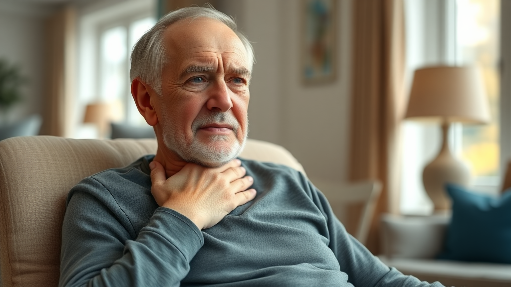 senior man with neck pain sitting in armchair in Gig Harbor - neck pain chiropractor gig harbor