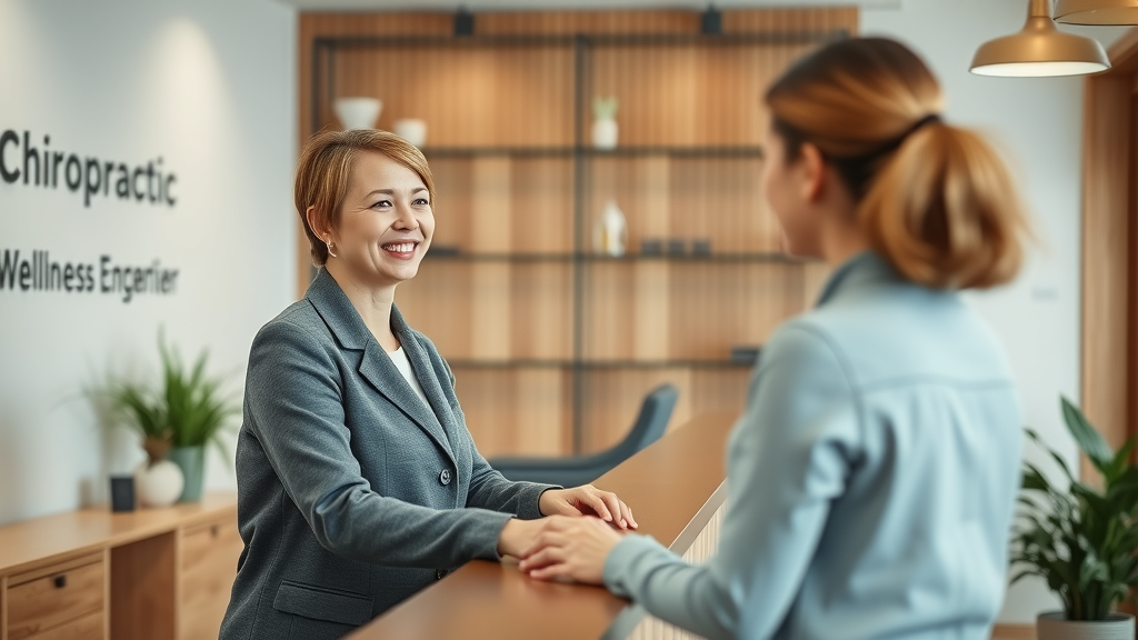 welcoming chiropractic wellness center interior, back pain chiropractor gig harbor, modern clinic, friendly receptionist greeting patient