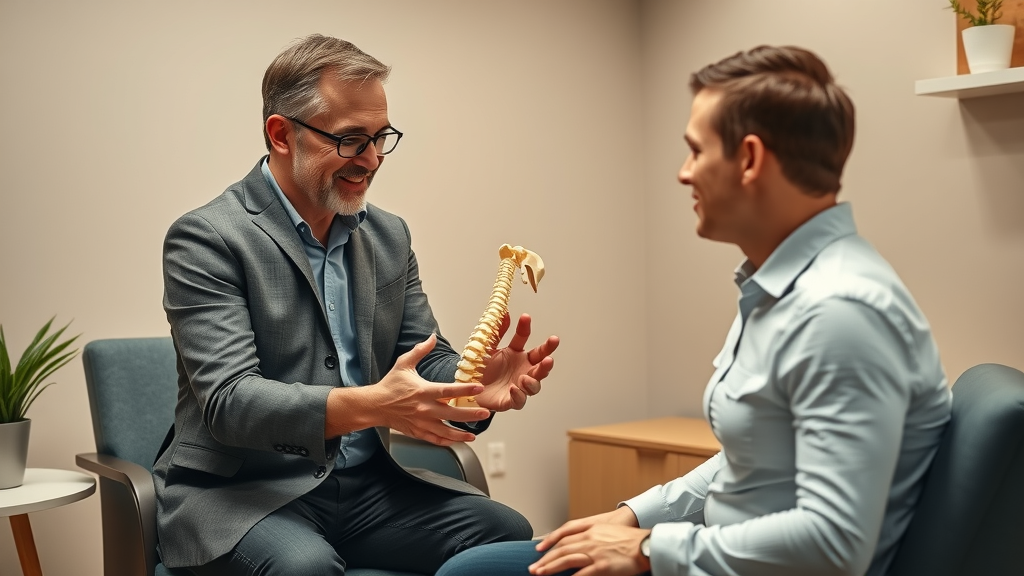 attentive chiropractor in gig harbor, discussing symptoms, explaining spine model, chiropractic care consultation