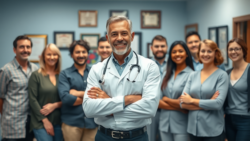trustworthy experienced chiropractor, gig harbor, posing with satisfied patients, Fox Chiropractic Wellness Center, accolades in background