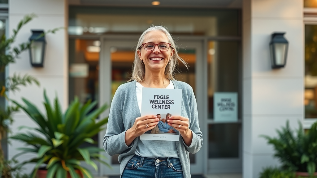 motivated person standing outside wellness center in gig harbor, holding free guide about back pain chiropractor gig harbor