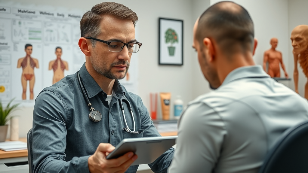 Calm professional chiropractor consulting with patient about back pain in a private Gig Harbor wellness clinic