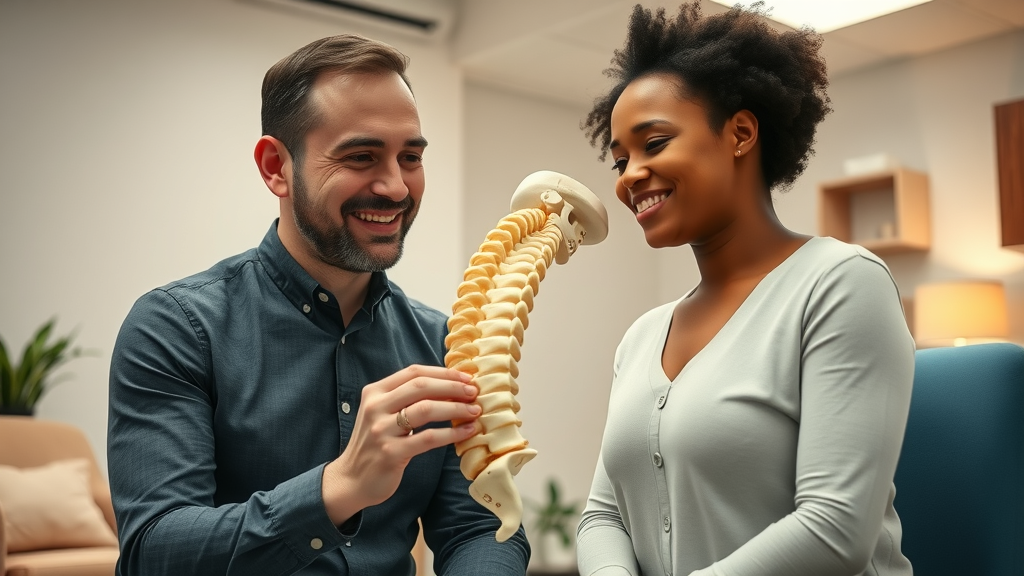 Empathetic chiropractor explaining spine model to diverse Gig Harbor patient in a clinical wellness center