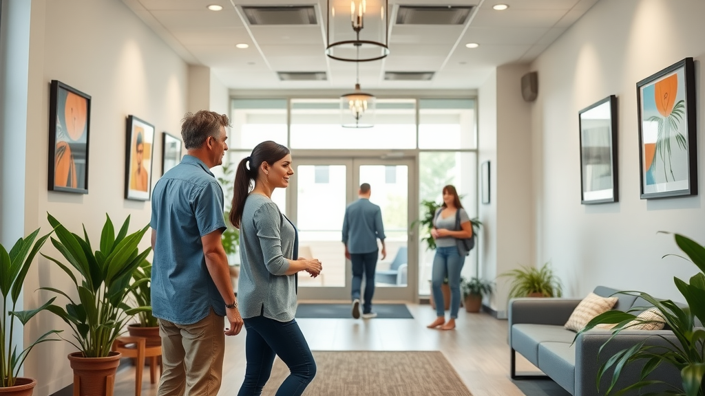 Bright modern chiropractic wellness center Gig Harbor lobby with welcoming staff and patients