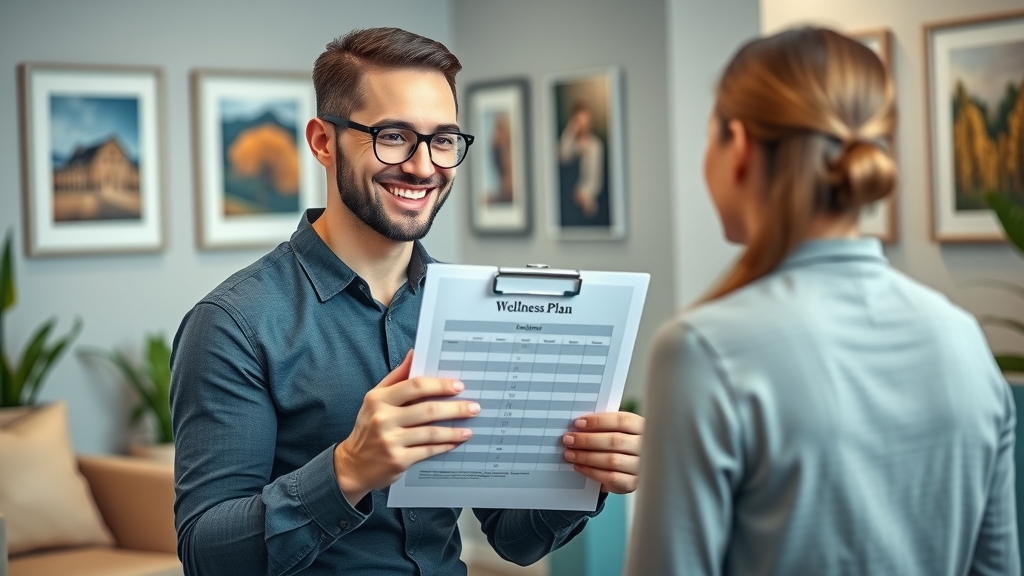 Confident chiropractor in Gig Harbor holding wellness plan in consultation with patient