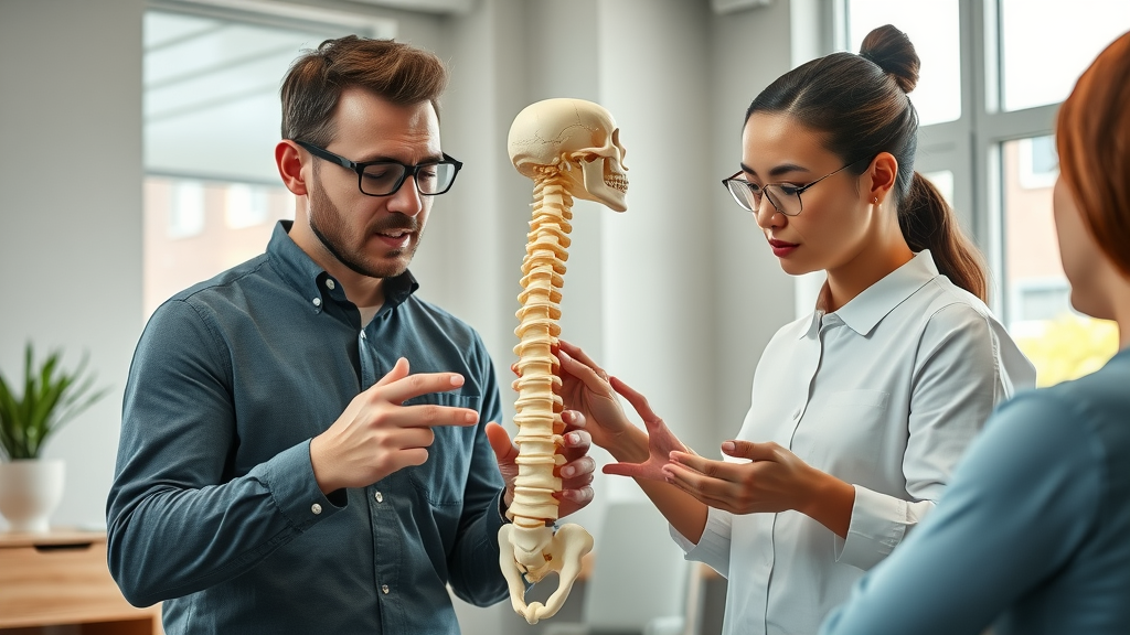 Fox Chiropractic Wellness Center team explaining a spinal model for sciatica and back pain in Gig Harbor