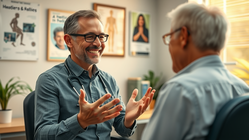 Friendly chiropractor in Gig Harbor consulting with a new patient about neck and back pain