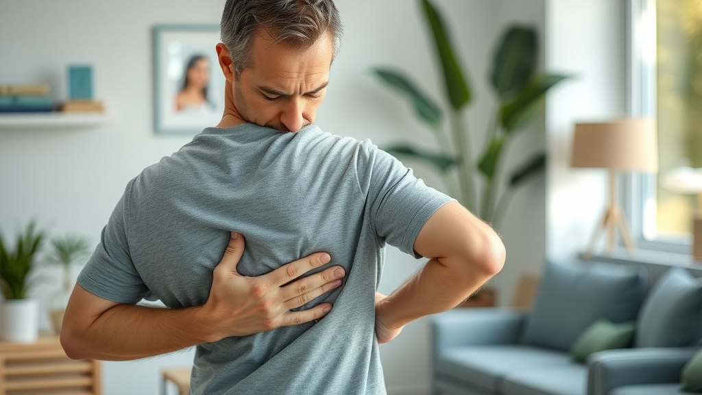 Back pain chiropractor Gig Harbor clinic, concerned adult man with lower back discomfort in clinic waiting room