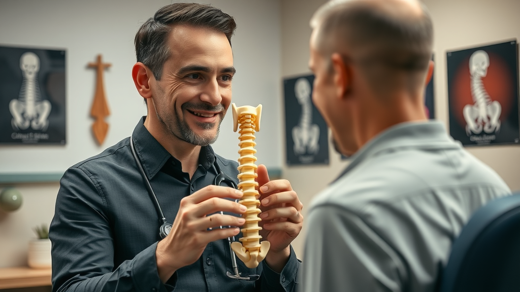 Back pain chiropractor Gig Harbor, professional explaining spinal health to patient in wellness center