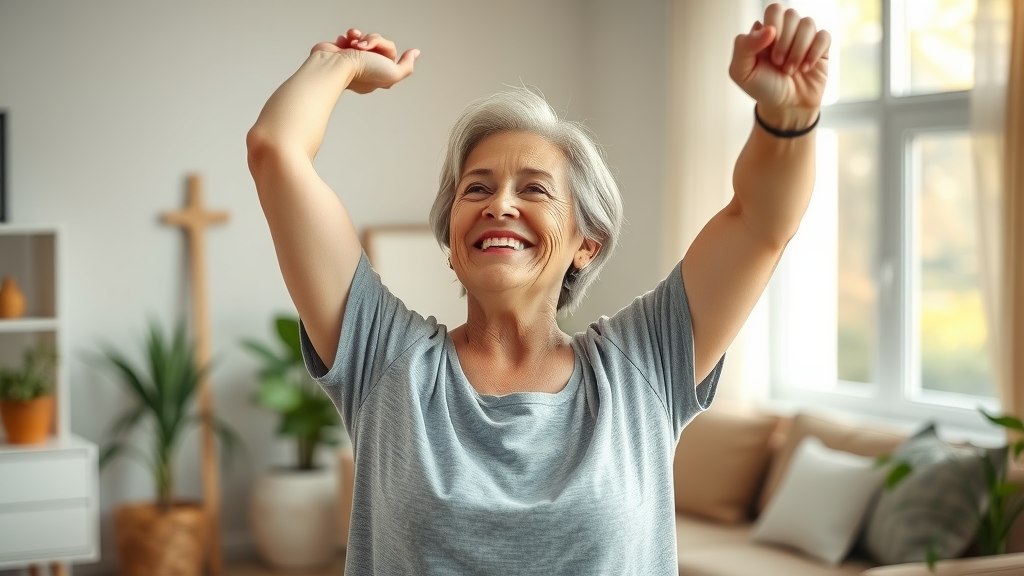 Gig Harbor chiropractic care for back pain relief, satisfied woman stretching in bright home