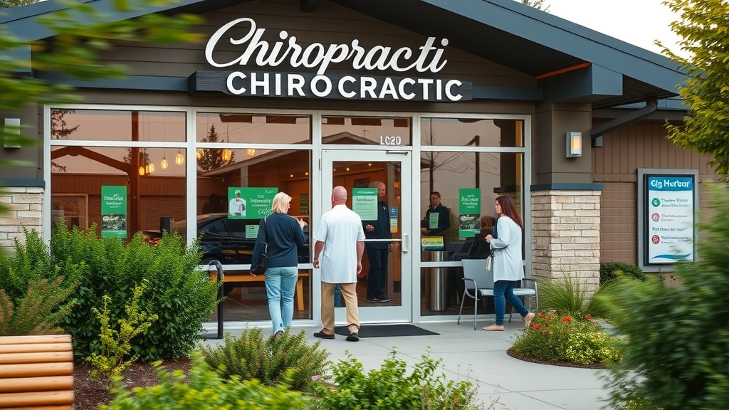 Best chiropractic wellness clinic for back pain Gig Harbor, modern clinic exterior, patients entering and leaving