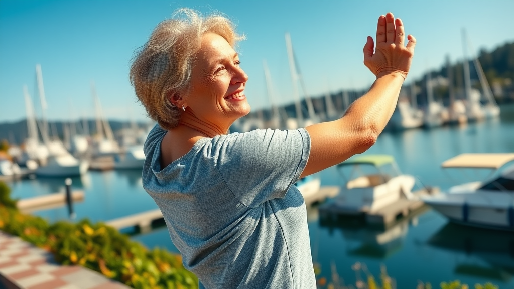 pain relief at gig harbor chiropractic waterfront, woman joyfully stretching back outdoors