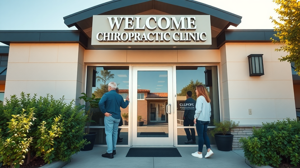 Exterior view of a modern chiropractic wellness center in Gig Harbor with patients approaching for back pain chiropractor services, sunny sky and green foliage