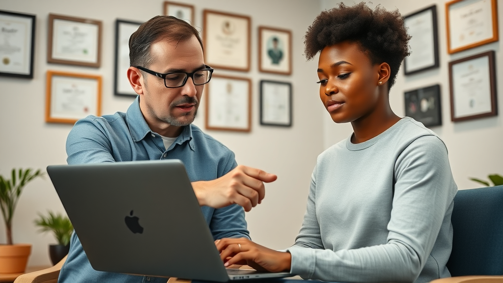 Caring Fox Chiropractic Wellness Center doctor consulting with a patient about a personalized back pain treatment plan on a laptop