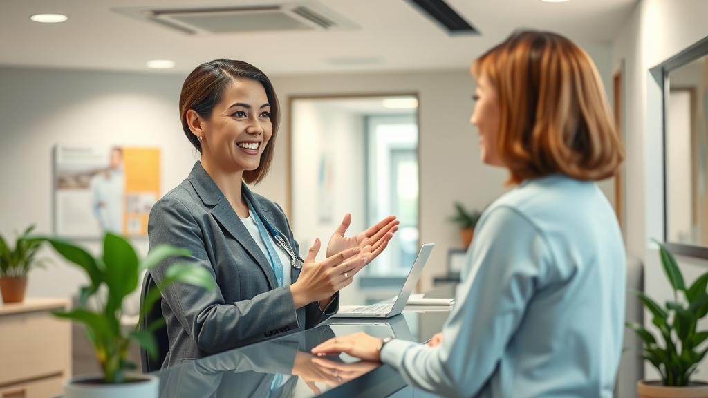 Friendly receptionist greeting new patient at Gig Harbor back pain chiropractic office
