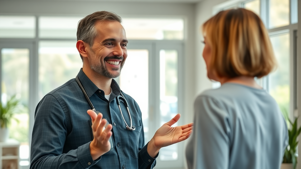 back pain chiropractor gig harbor welcoming patient in modern clinic with natural light and greenery, friendly expression, highly detailed