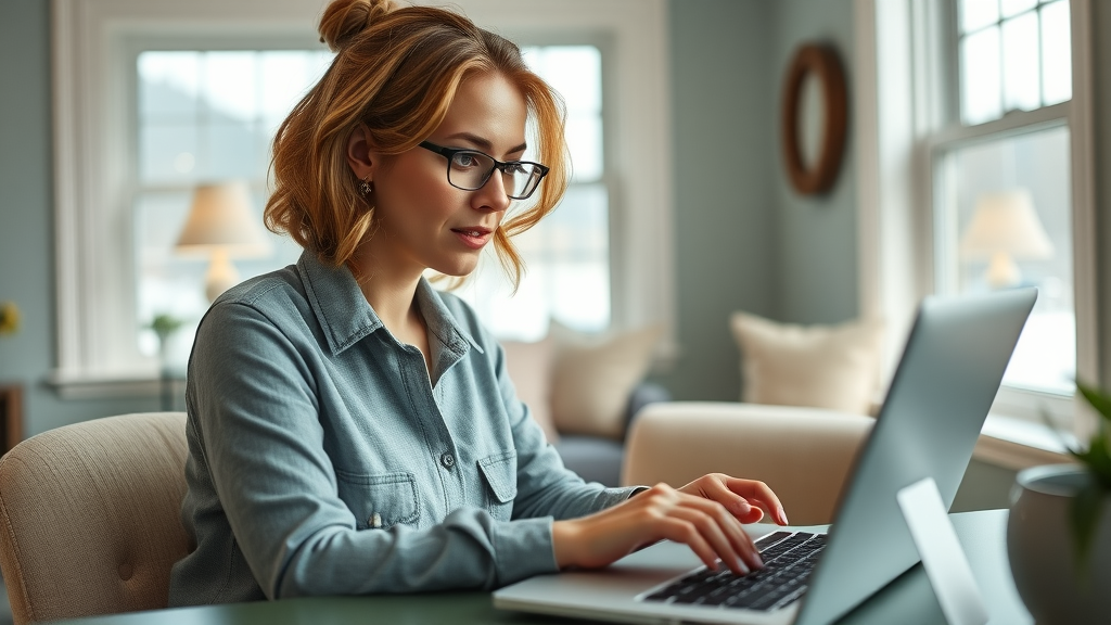 woman researching back pain chiropractors in gig harbor on laptop in tranquil home office with bay window, highly detailed