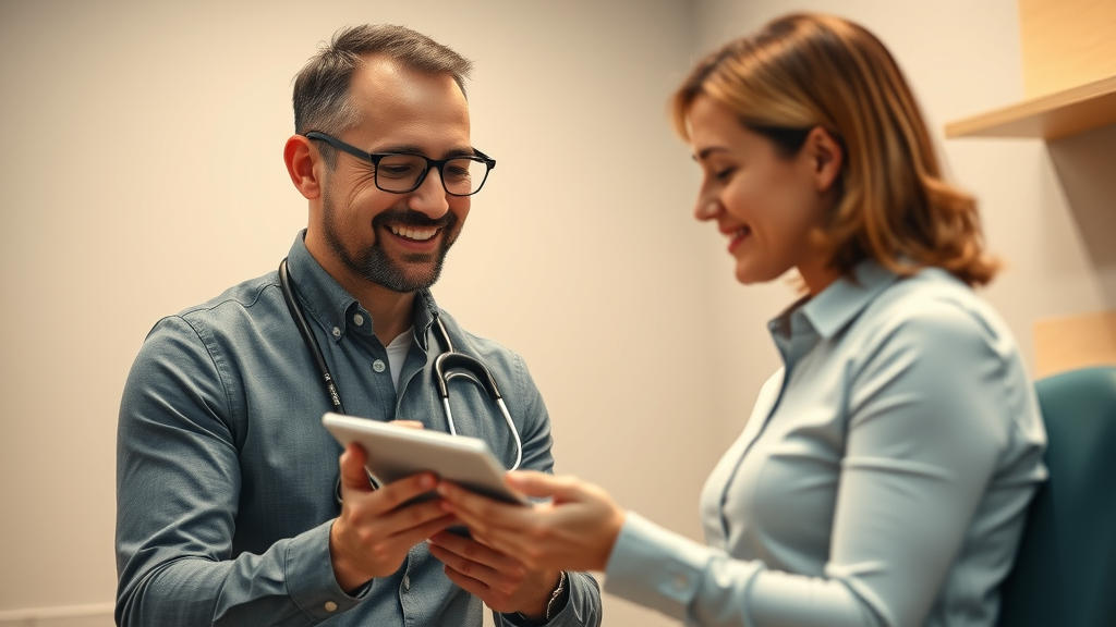 professional chiropractor in gig harbor explaining digital treatment plan to patient for back pain relief, private consultation, warm tones