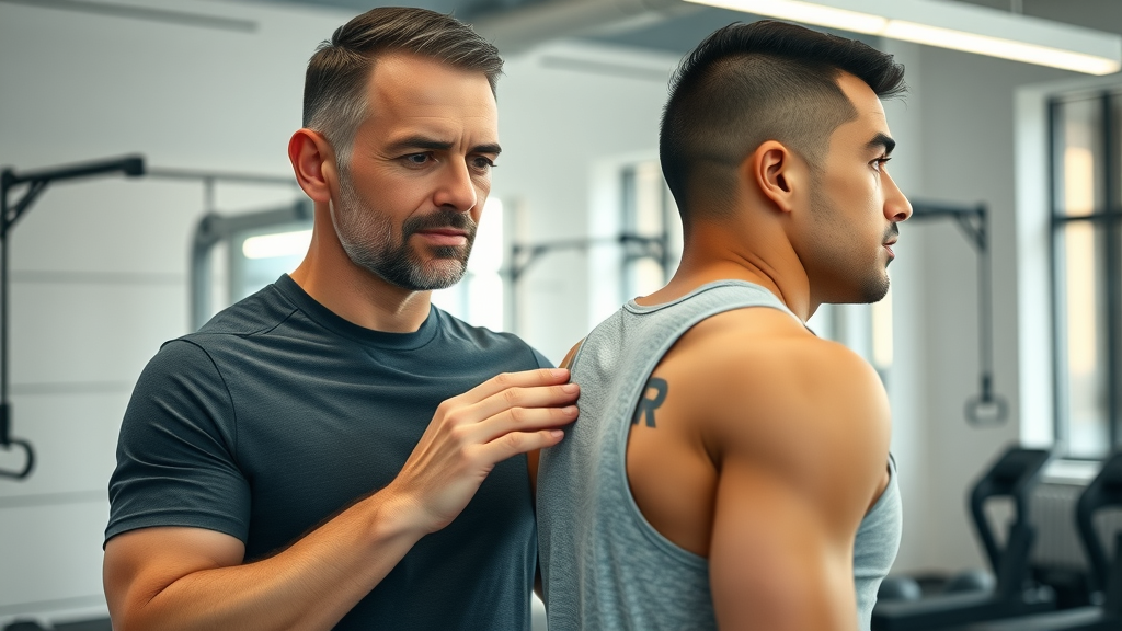 Back pain chiropractor in Gig Harbor assessing an athlete in a modern chiropractic clinic with exercise equipment