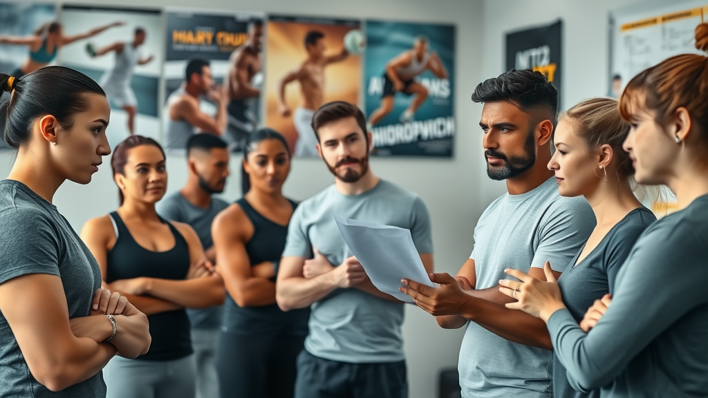 Group of athletes and active adults consulting a chiropractor in a wellness center with sports posters