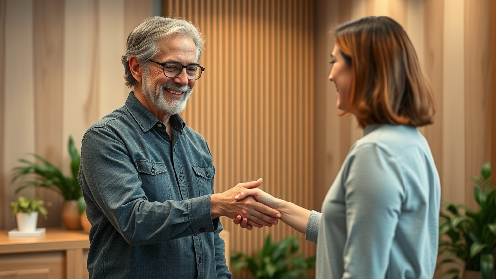 Chiropractor greeting a new patient for back pain relief in a wellness center in Gig Harbor