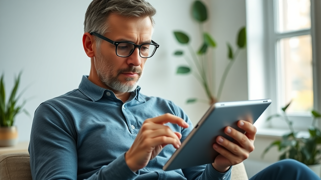 Active adult reviewing back pain chiropractor options in Gig Harbor on a digital tablet