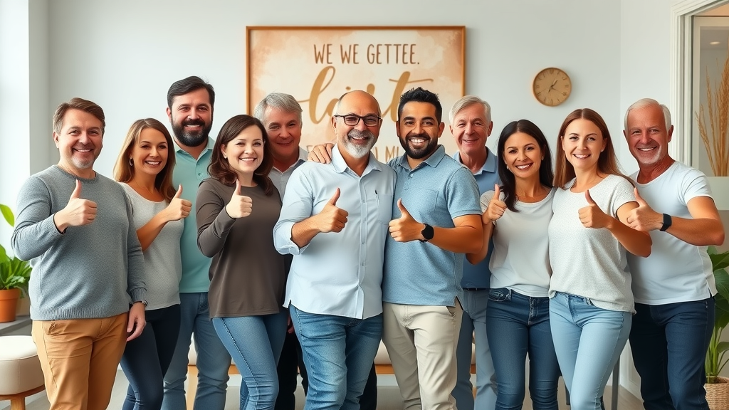 Diverse group of active adults giving thumbs-up after successful back pain treatment at Gig Harbor wellness center